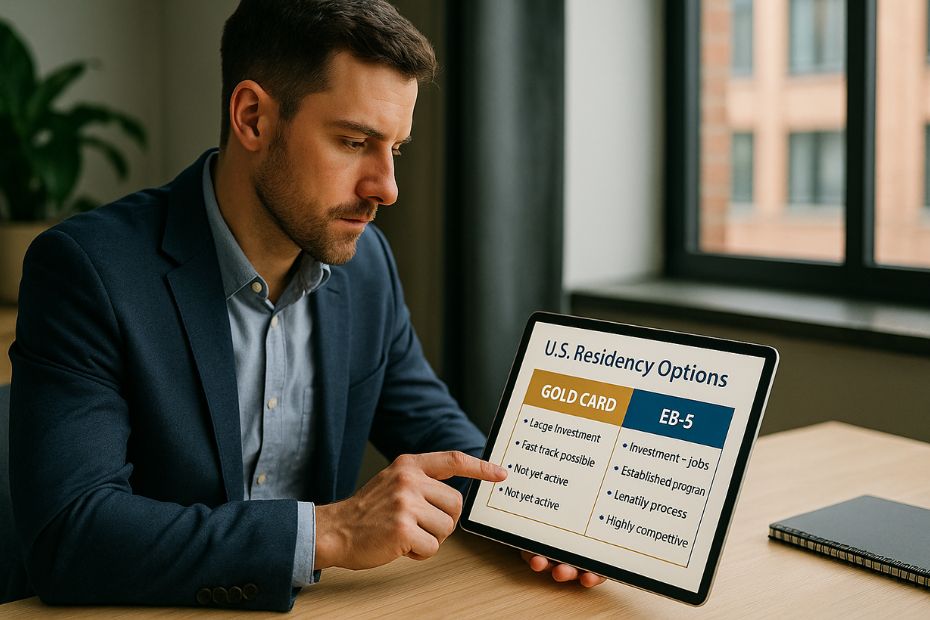 Investor comparing U.S. residency visa options on a tablet