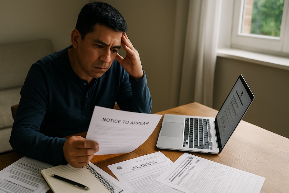 A person reviewing immigration paperwork and legal documents at home