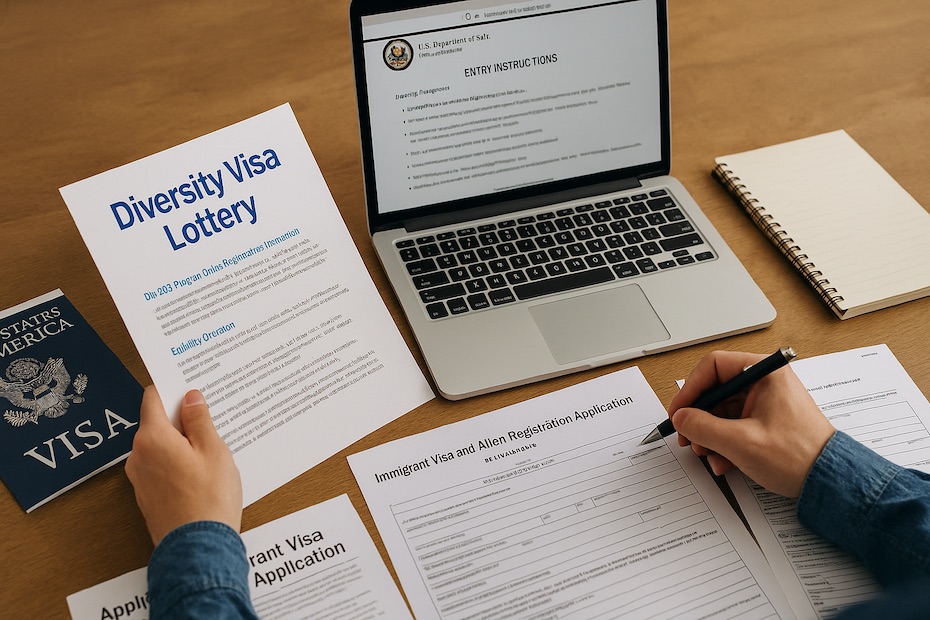 A person reviewing Diversity Visa Lottery documents and immigration guidelines on a laptop