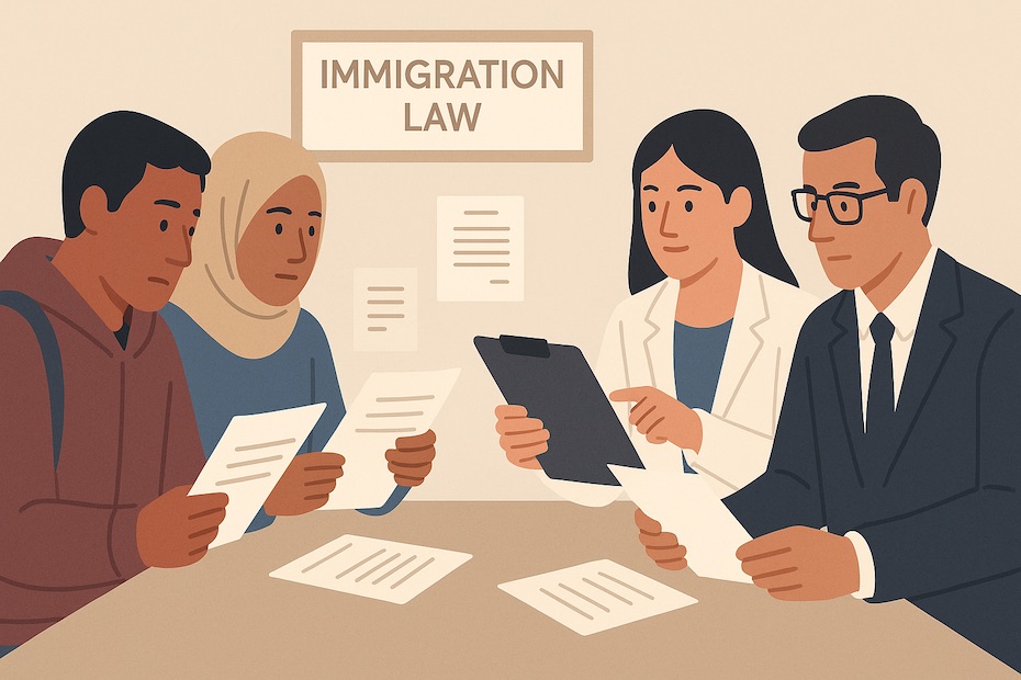 Illustration of refugees arriving in the U.S. with legal advisors and immigration forms