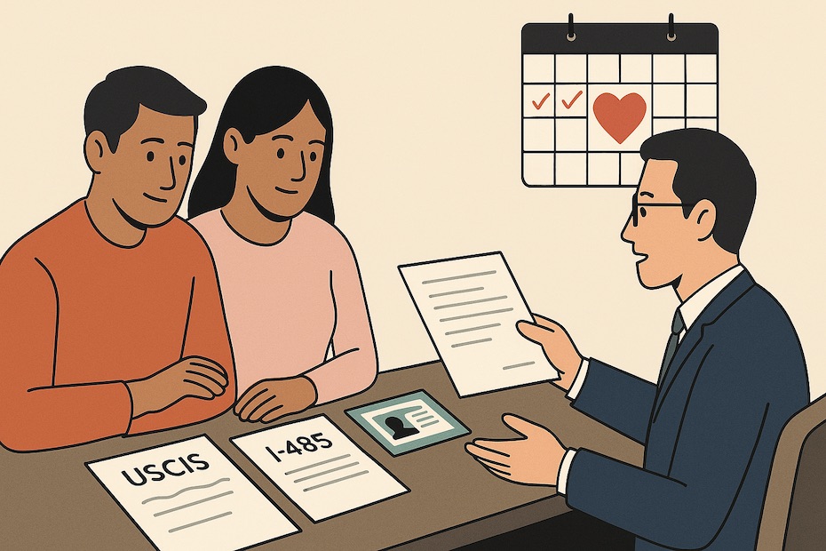 Flat-style illustration of newlywed couple filing a green card application with an immigration attorney.