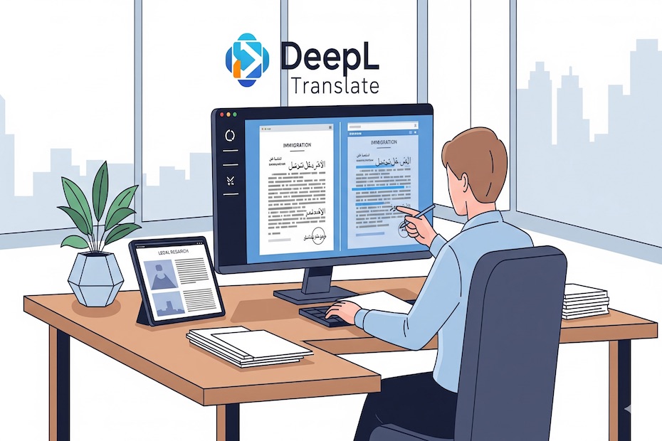 Attorney reviewing translated immigration documents on a laptop using AI translation software.