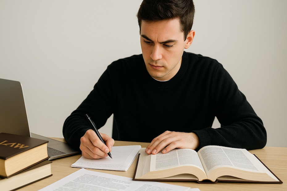 A student studying legal materials and preparing for law school admissions.