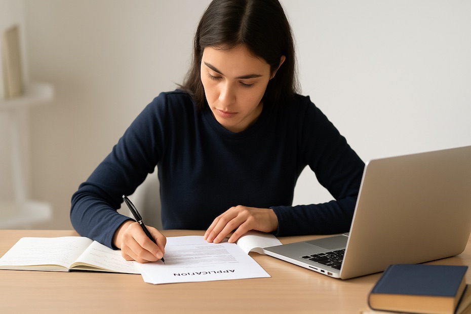 A focused student preparing university applications with notes, laptop, and books.