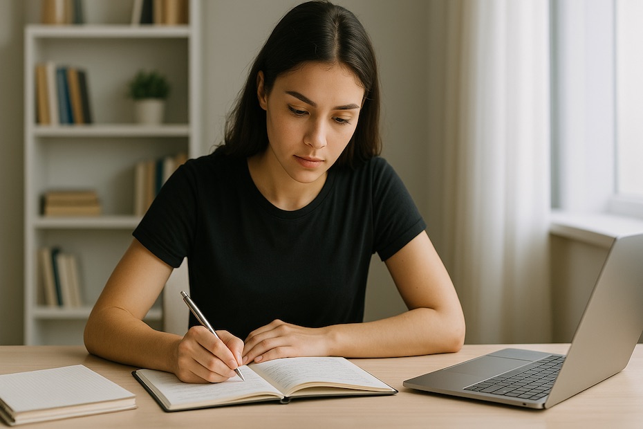 A university student studying attentively at a clean desk with notebooks and a laptop.