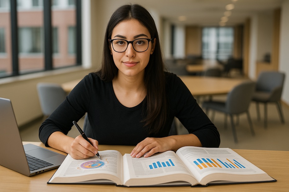 A confident university student studying with materials from two disciplines.
