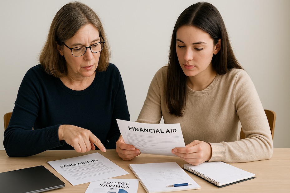 Parent and student reviewing financial aid strategies and college planning materials at a clean desk.