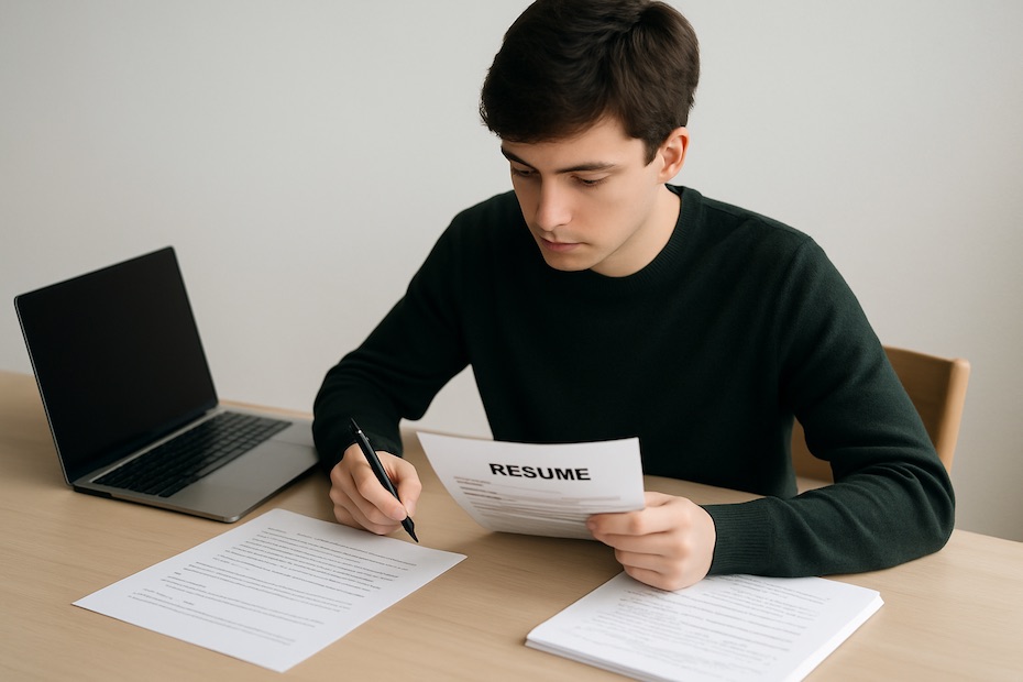 Student reviewing resume draft and project notes at a clean desk with laptop and documents.
