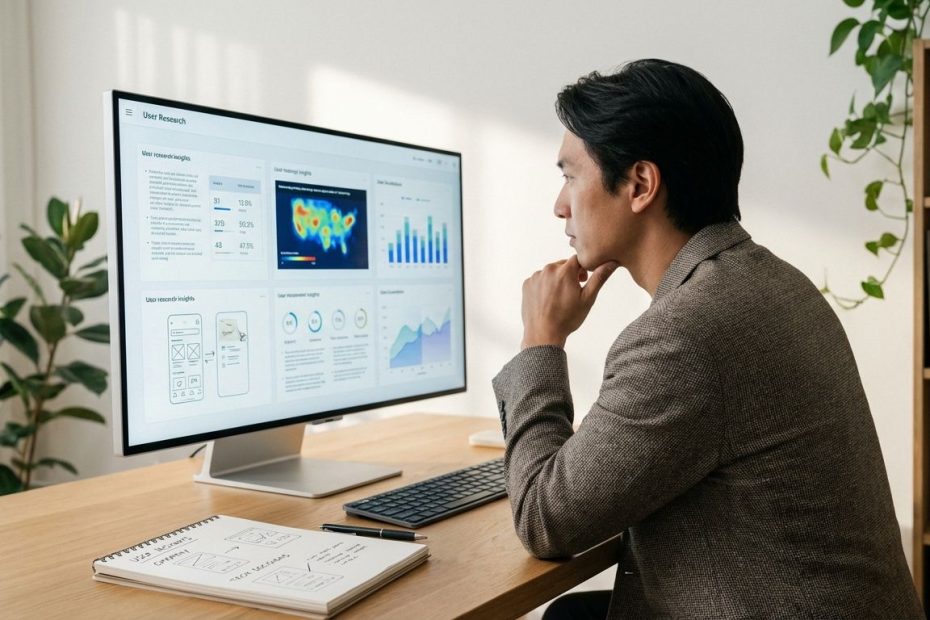 Professional reviewing a UX research report and data dashboard on a laptop with notes bridging tech and humanities.