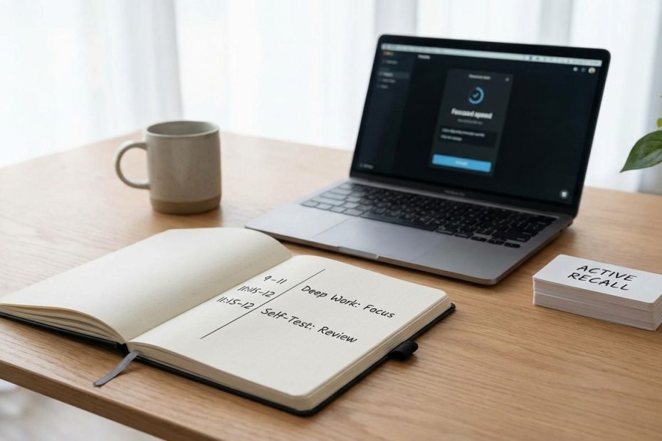 College student planning deep work blocks and study goals to avoid being busy and become productive