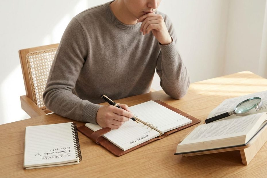 Person writing a quick critical thinking checklist in a notebook while reviewing information on a laptop