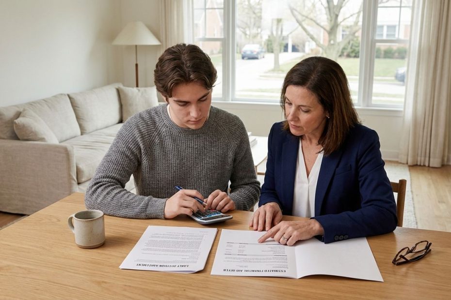 Student reviewing an Early Decision agreement and net price calculator on a laptop with a parent nearby.