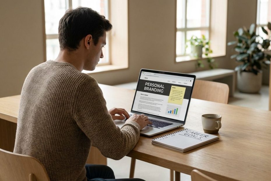 College student building a personal brand on a laptop with social media and resume documents on screen