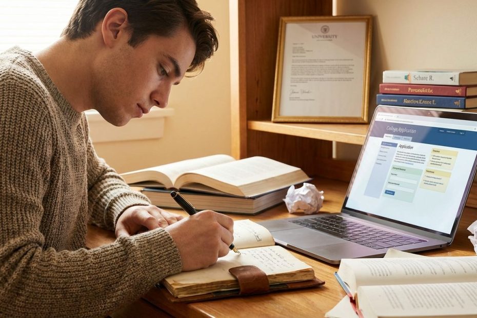 High school student writing a college essay while reviewing notes at a desk
