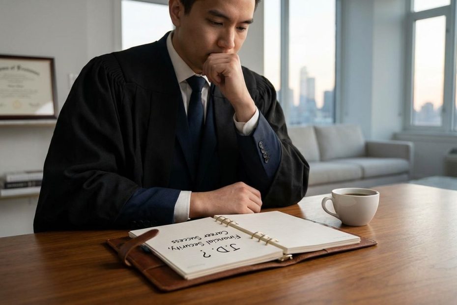 Law school graduate reviewing salary, debt, and career path options at a desk