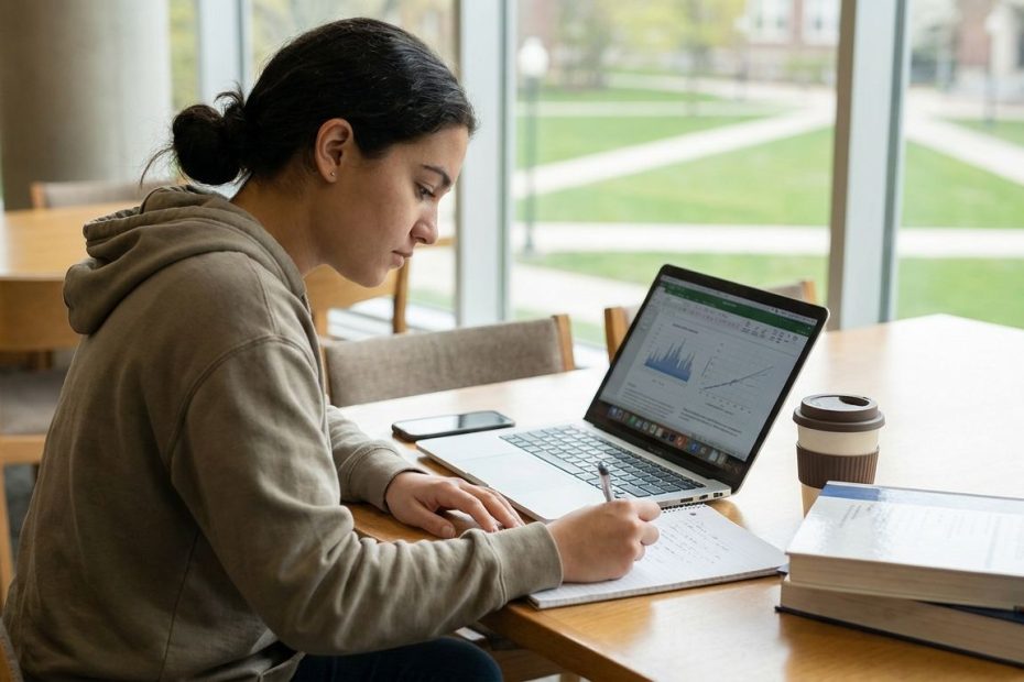A college student studying with notes and a laptop in a quiet library setting