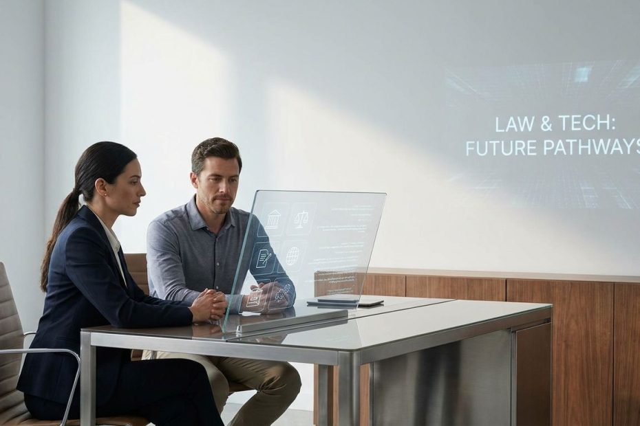 A legal professional and a technology specialist discussing digital workflow tools in a modern office.