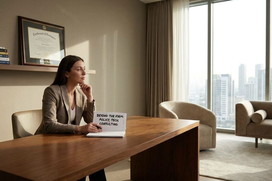 Law graduate reviewing alternative career paths in consulting, compliance, technology, and finance