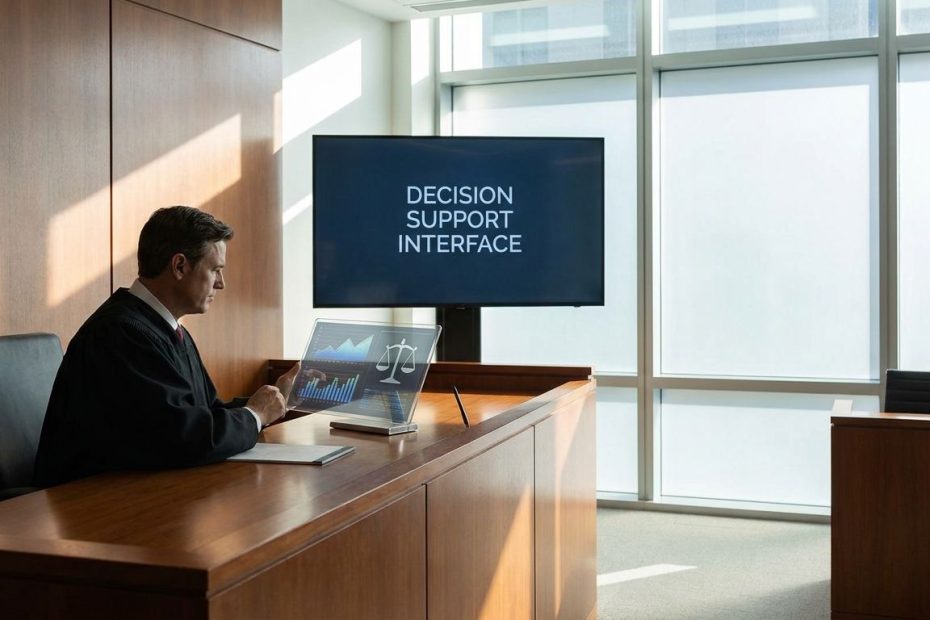 Judge reviewing digital evidence on a laptop beside scales of justice in a courtroom